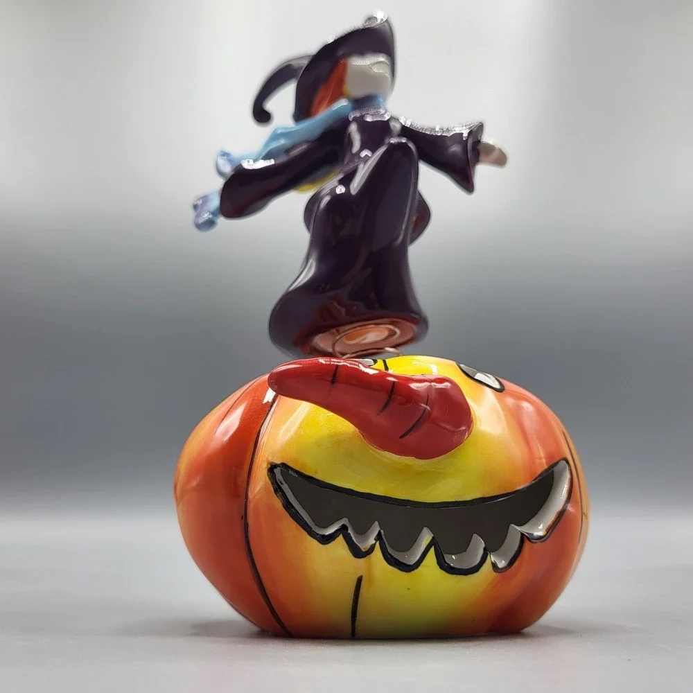 Apple's Halloween Witch on Pumpkin Bobble Figurine Decor 7.5in Purple Orange